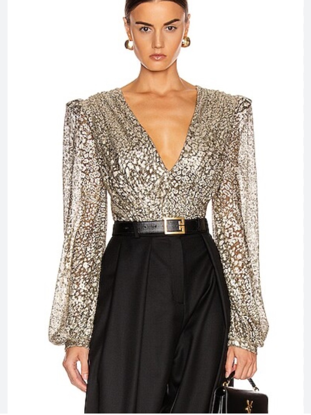 PatBo Metallic Leopard Print  V-Neck Bodysuit in Black & Gold Size Medium NWT